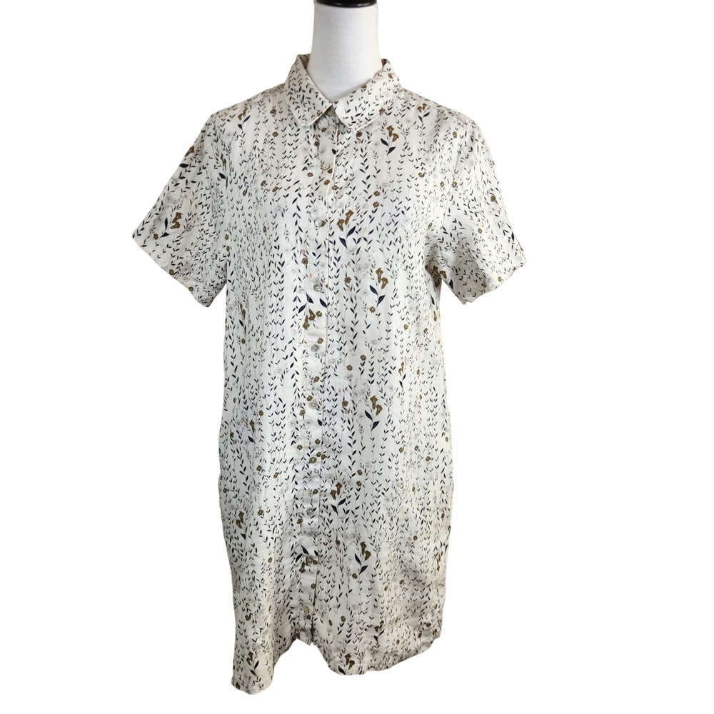 Rachel Zoe Linen Floral Button Down Shirt Dress Beige Green Tan Pockets Size L